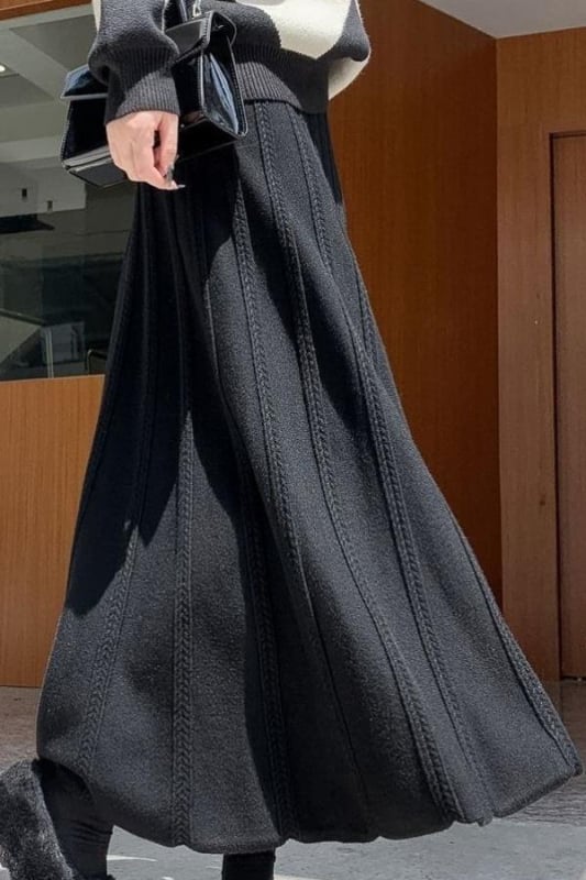 Plus-size pletena suknja s A-linijom, srednje duljine, zima, vuneno-pamučna smjesa, Mercerizirani završni sloj, visoki pojas