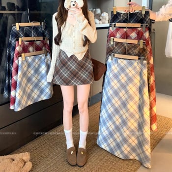 Magas derekú kockás szoknya, midi hosszú, poliészter, őszi 2025, irodalmi retro stílus