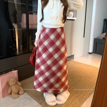 Magas derekú kockás szoknya, midi hosszú, poliészter, őszi 2025, irodalmi retro stílus