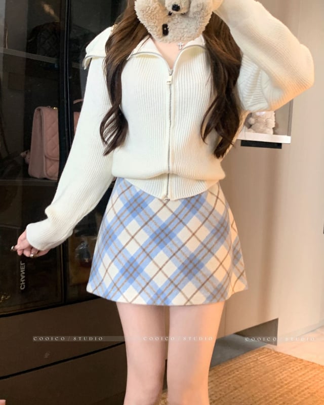 Magas derekú kockás szoknya, midi hosszú, poliészter, őszi 2025, irodalmi retro stílus