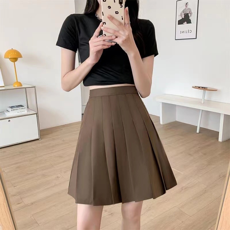 Plisirana midi suknja, visokim strukom, fakultetski stil, poliester