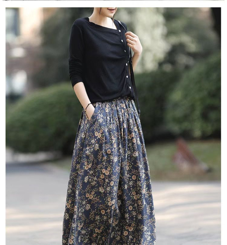 Flórás esernyő szoknya tavasz–nyár, irodalmi retro stílus, A-vonalú siluett, nyomtatott pamut-poliészter keverék