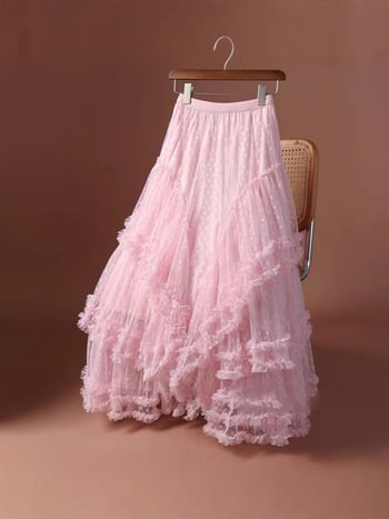 Jacquard suknja s mrežom srca, srednje duljine, proljeće 2025, poliesterska i regenerirana celuloza mješavina, svježe i sladak stil