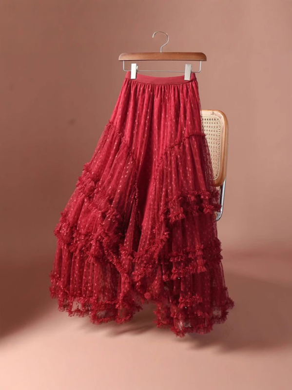 Jacquard suknja s mrežom srca, srednje duljine, proljeće 2025, poliesterska i regenerirana celuloza mješavina, svježe i sladak stil