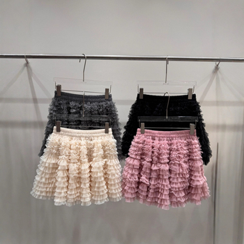 Fustă damă tip cake din plasă, talie înaltă, stil casual japonez-coreean, poliester 95%+