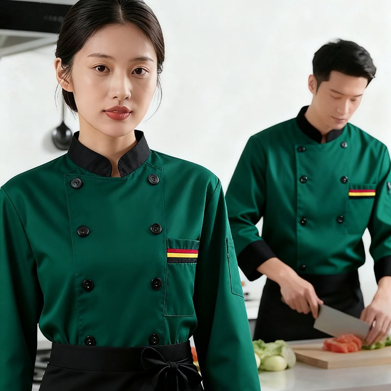 Vyrų šefų chalatas, twill audinys, 100% poliesteris, pamušalas 100% poliesteris, atsparus nešvarumams ir dezinfekcijai, keturi sezonai