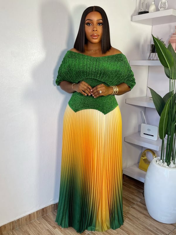 Chiffonból készült két részes női szett gradientnyomással, plisírozott hosszú szoknyával és gyűrött felsővel, irodai viselethez