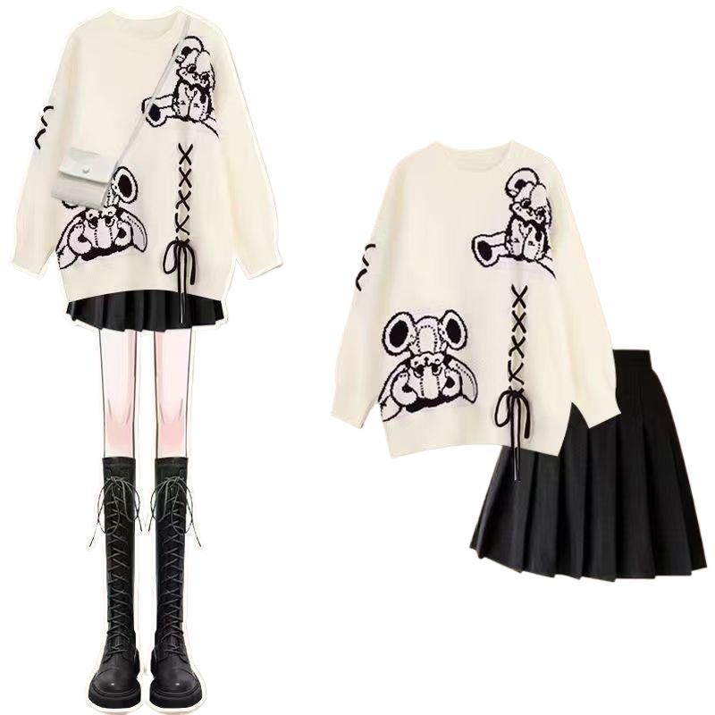 Set din două piese: pulover cu talie și fustă mini din cașmir, mâneci lungi, stil doamnă matură, ținută toamnă-iarnă