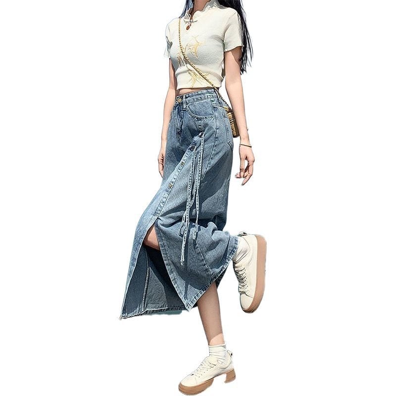 Ženska suknja u denimu, srednje duljine, mješavina pamuka, širi siluetu, jesen 2024