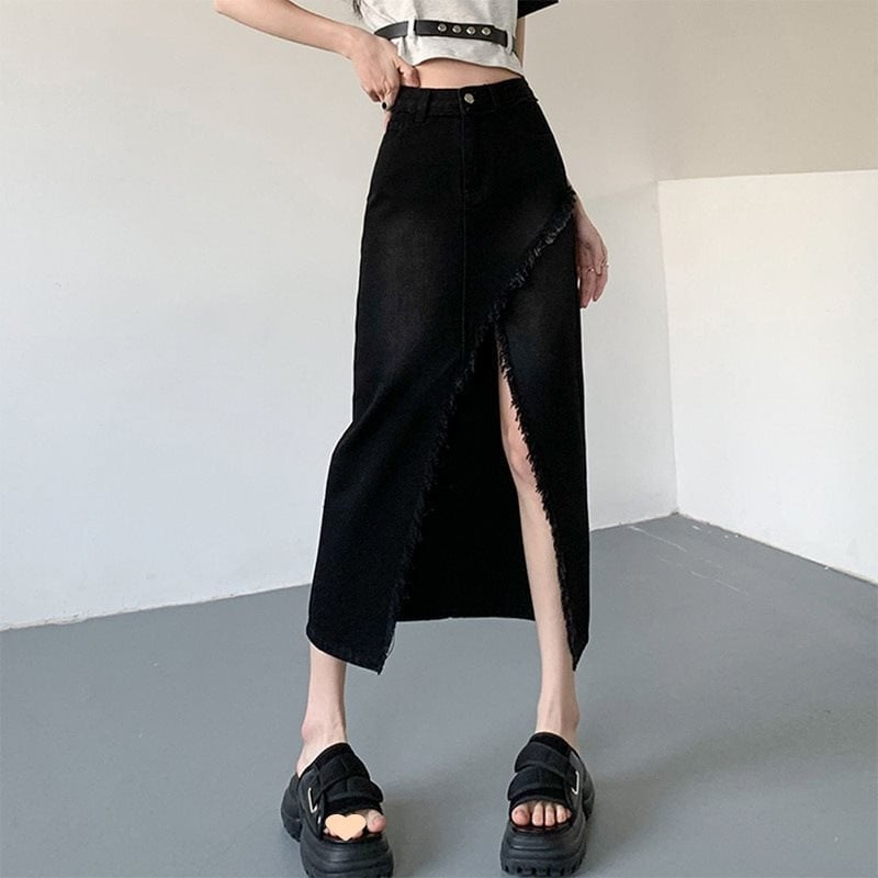 Ženska suknja u denimu, srednje duljine, mješavina pamuka, širi siluetu, jesen 2024