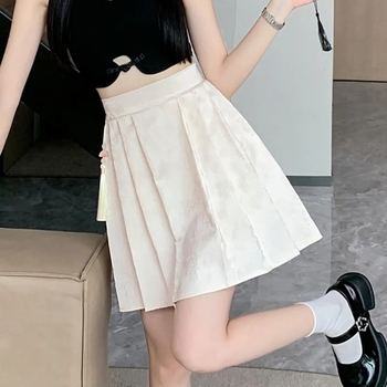 Kratka plisirana suknja od jacquard poliestera, elastičan pojas, visoki struk, apstraktni uzorak, ljeto 2025