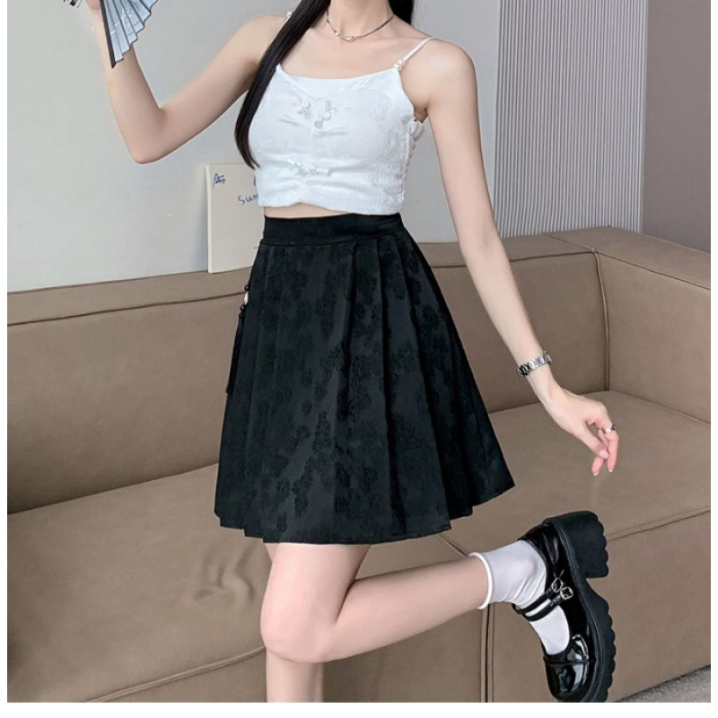 Kratka plisirana suknja od jacquard poliestera, elastičan pojas, visoki struk, apstraktni uzorak, ljeto 2025