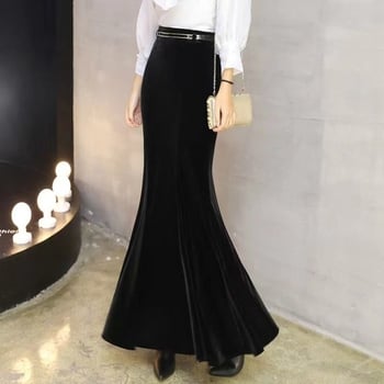 Suknja s ribljim repom od baršuna, visok pojas, midi duljina, jednobojni materijal, mješavina poliester-spandeks, jesensko-zimska kolekcija 2024