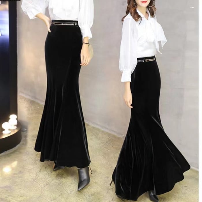 Suknja s ribljim repom od baršuna, visok pojas, midi duljina, jednobojni materijal, mješavina poliester-spandeks, jesensko-zimska kolekcija 2024