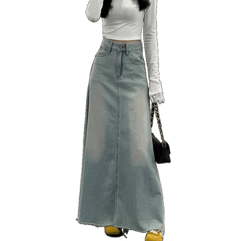 Duga džins suknja s visokim strukom, oprani denim, zatvarač i džepovi, proljeće 2025.