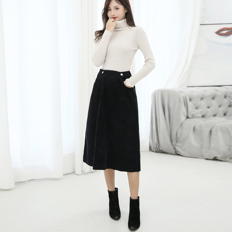 Corduroy sukňa A-línia, stredná dĺžka, vysoký pás, 80–90% polyester