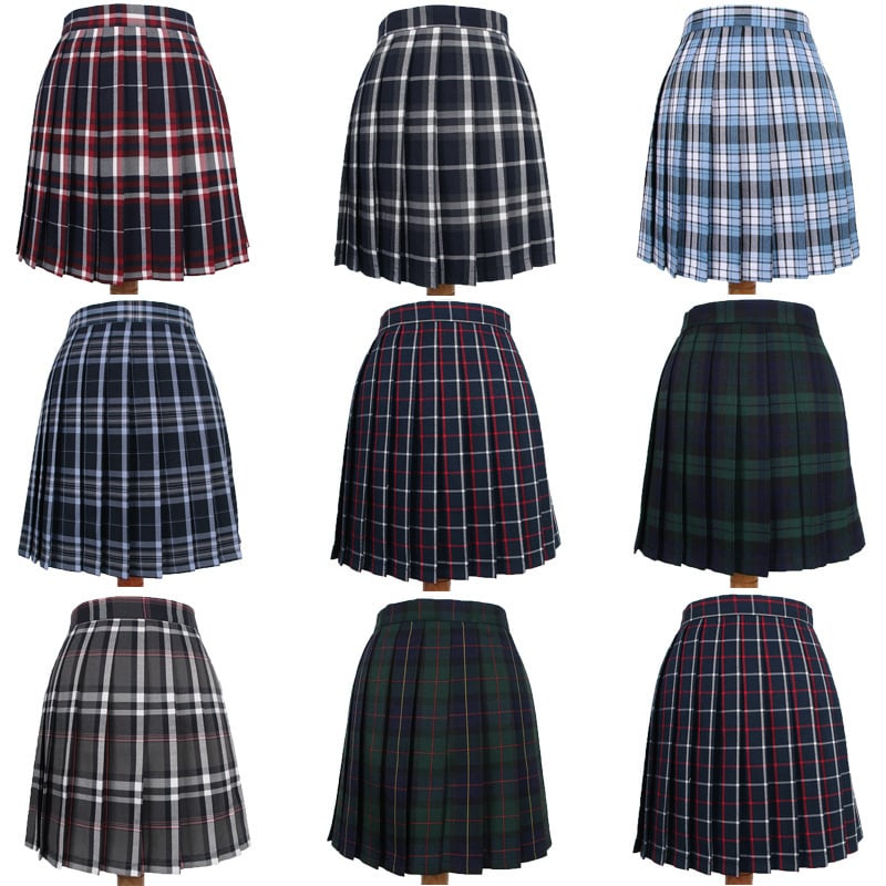 Fustă plisată în carouri, țesătură poliester, conținut de 70–80% în fibra principală, lungime scurtă, stil feminin