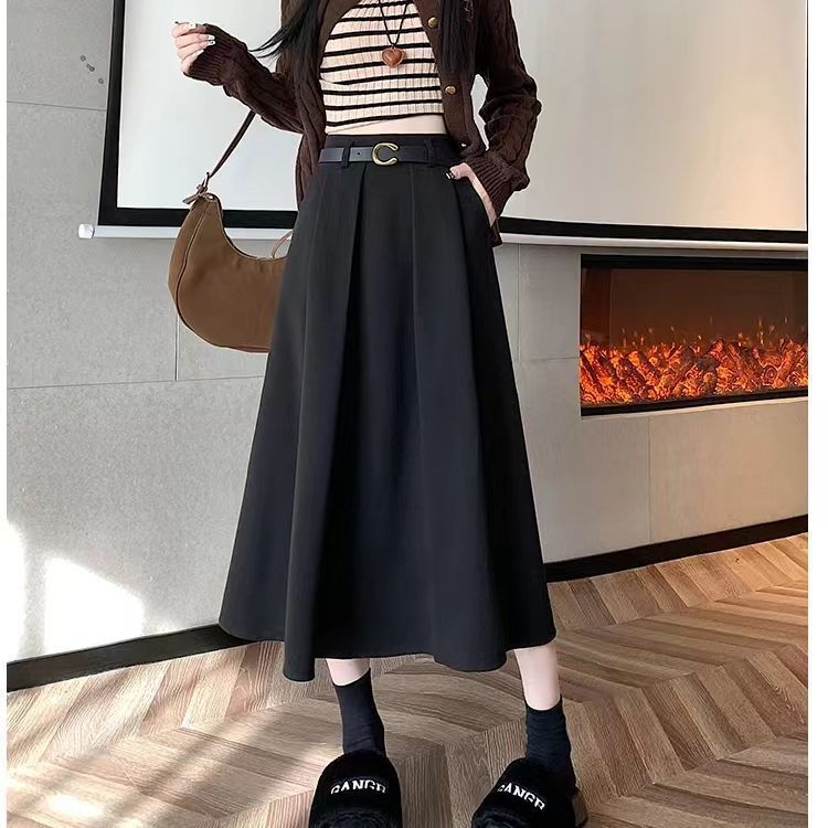 Plus veličine jesen-zima midi plisirana suknja s visokim strukom, vitak siluetu, Chanel inspirirani stil