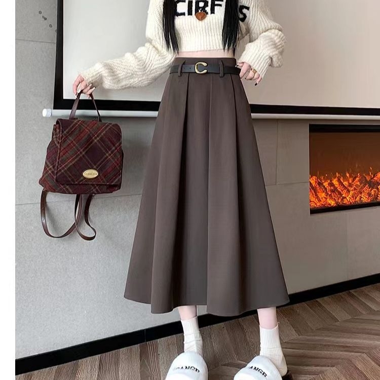 Plus veličine jesen-zima midi plisirana suknja s visokim strukom, vitak siluetu, Chanel inspirirani stil