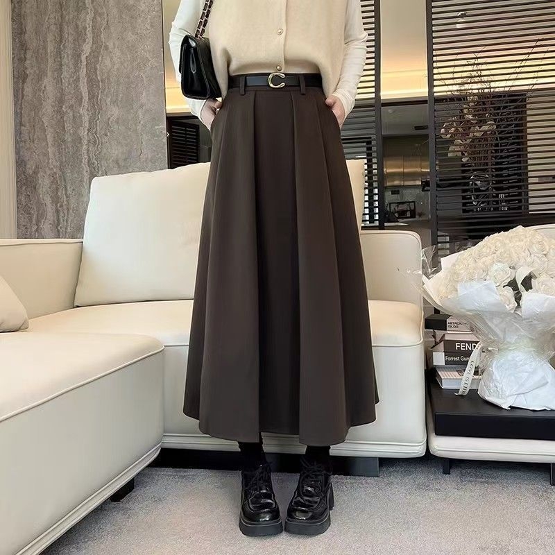 Plus veličine jesen-zima midi plisirana suknja s visokim strukom, vitak siluetu, Chanel inspirirani stil