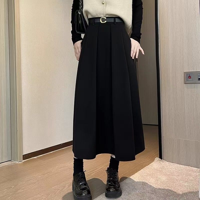 Plus veličine jesen-zima midi plisirana suknja s visokim strukom, vitak siluetu, Chanel inspirirani stil