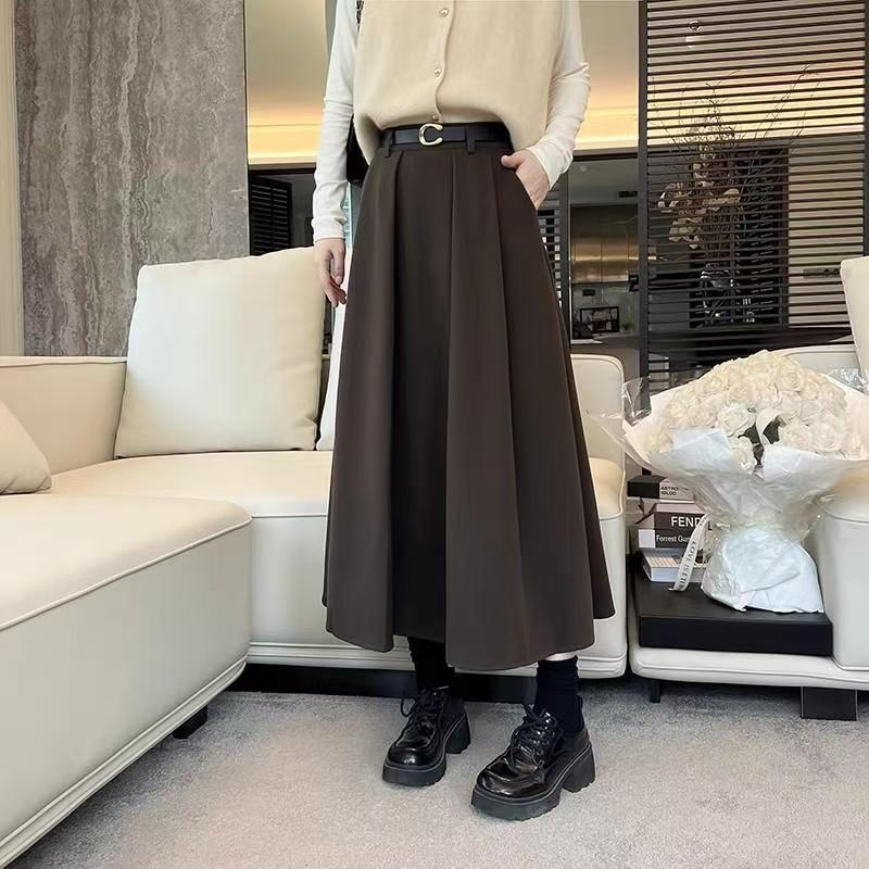Plus veličine jesen-zima midi plisirana suknja s visokim strukom, vitak siluetu, Chanel inspirirani stil