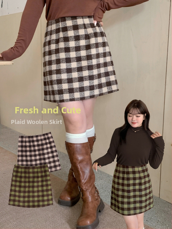 Plus-size krátka sukňa z tenkej vlny, kockovaná, Spandex <30%, tkaná, svieži a sladký štýl, zima 2024