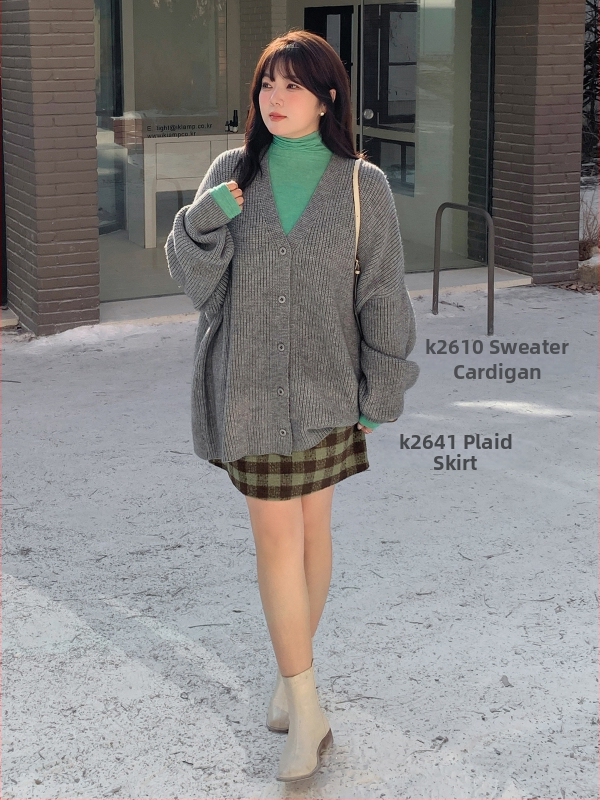 Plus-size krátka sukňa z tenkej vlny, kockovaná, Spandex <30%, tkaná, svieži a sladký štýl, zima 2024