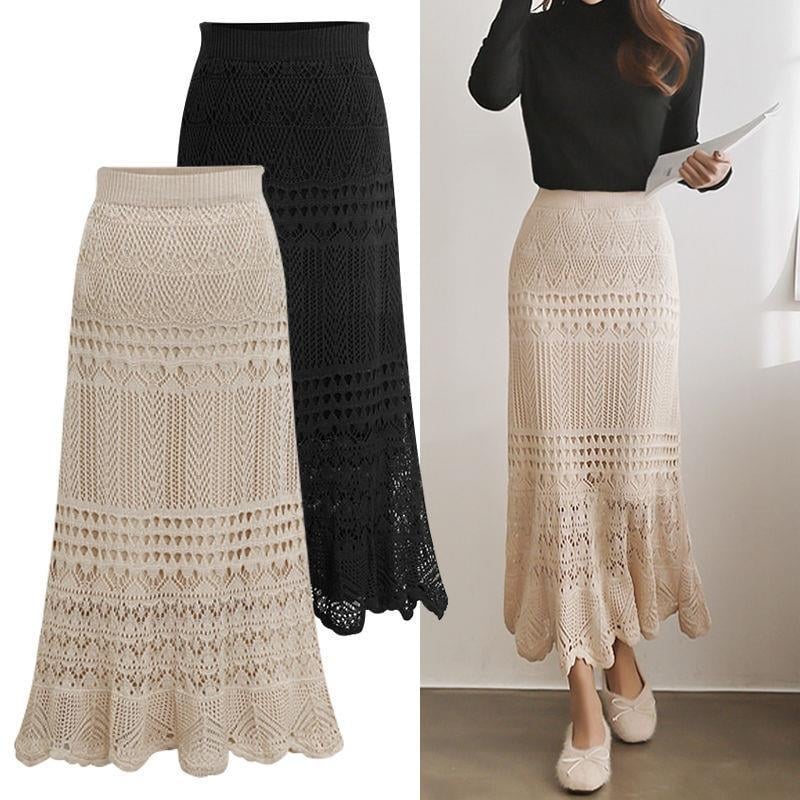 Čipkovaná pletená midi sukňa s vysokým pásom, A líniou, s flitrami a vyrezávanými detailmi, leto 2024