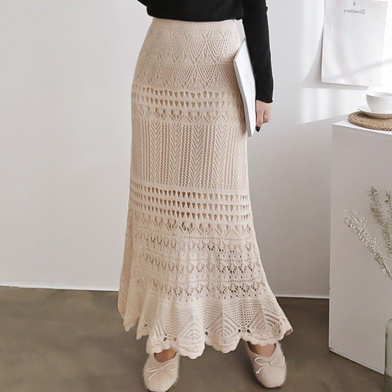 Čipkovaná pletená midi sukňa s vysokým pásom, A líniou, s flitrami a vyrezávanými detailmi, leto 2024