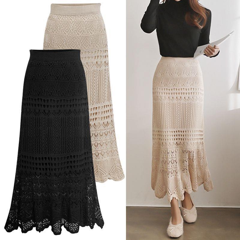 Čipkovaná pletená midi sukňa s vysokým pásom, A líniou, s flitrami a vyrezávanými detailmi, leto 2024