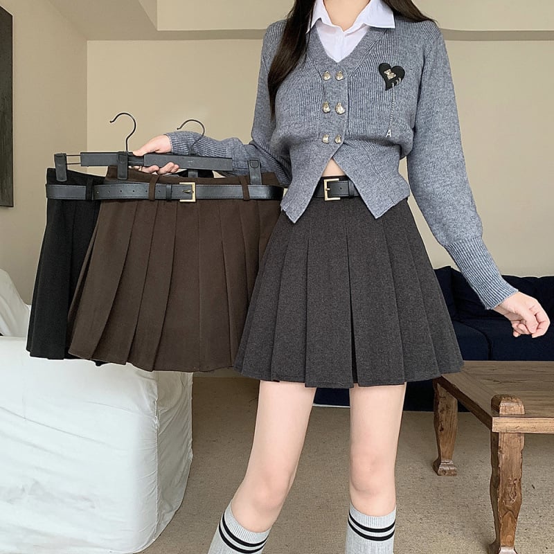 Fustă plisată - model solid, fibră acrilică, Toamna 2025, Margine neregulată, Stil urban