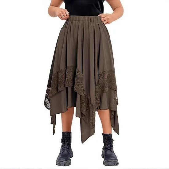 2025 vintage midi suknja s čipkom i patchworkom, nepravilnim rubom, visokim strukom, svestran stil