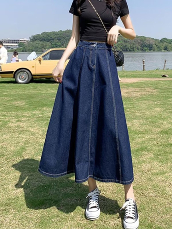 Ženska denim midi suknja, visok pojas, A-linijski kroj, jednobojni uzorak, pamuk-poliester tkanina, retro stil.