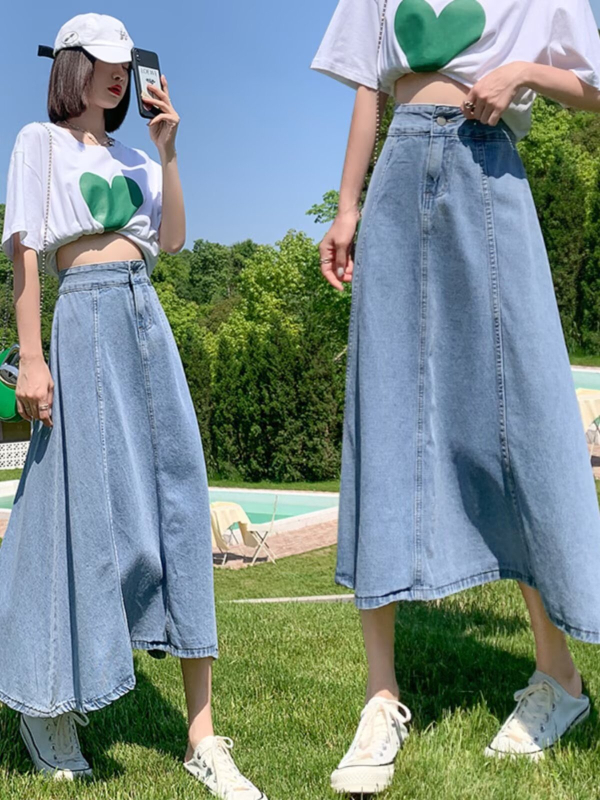 Ženska denim midi suknja, visok pojas, A-linijski kroj, jednobojni uzorak, pamuk-poliester tkanina, retro stil.