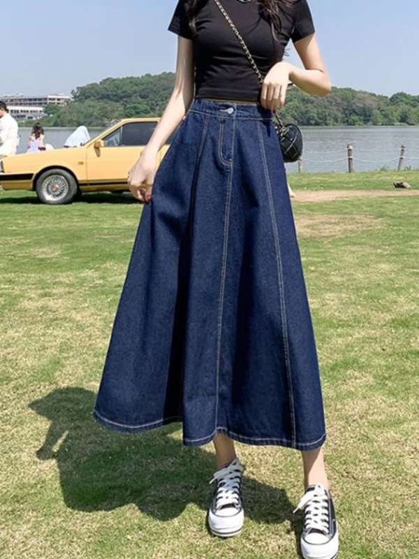 Ženska denim midi suknja, visok pojas, A-linijski kroj, jednobojni uzorak, pamuk-poliester tkanina, retro stil.
