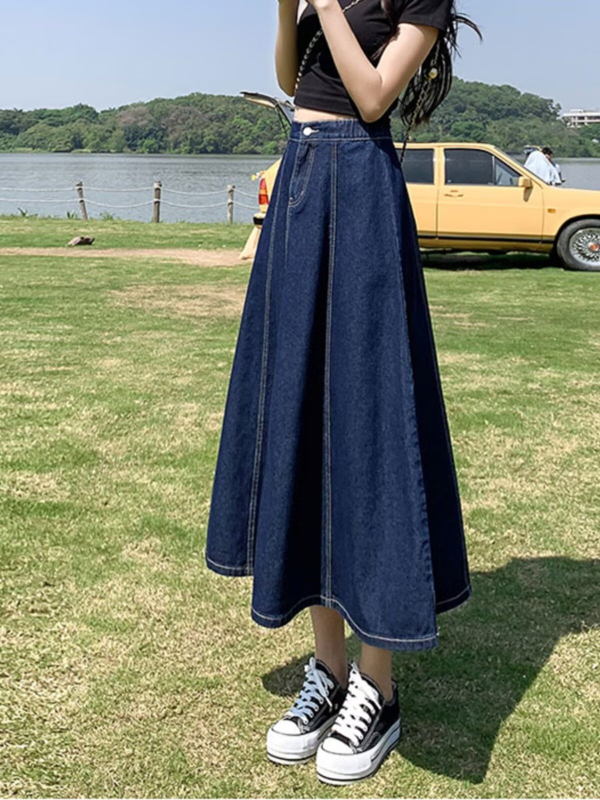 Ženska denim midi suknja, visok pojas, A-linijski kroj, jednobojni uzorak, pamuk-poliester tkanina, retro stil.