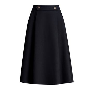 Fustă midi în A-line, cusături în stil collage, material poliester-spandex, talie micro-elastică