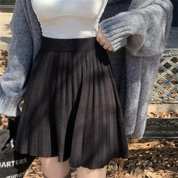 Fustă plisată tricotată, scurtă - model solid, amestec poliester-viscose, fibre acrilice, iarna 2023, stil casual japonez-coreean