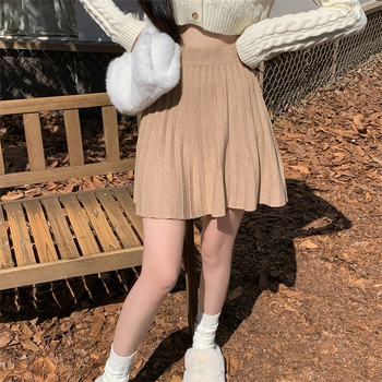 Fustă plisată tricotată, scurtă - model solid, amestec poliester-viscose, fibre acrilice, iarna 2023, stil casual japonez-coreean