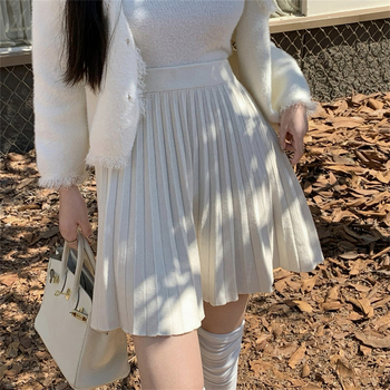 Fustă plisată tricotată, scurtă - model solid, amestec poliester-viscose, fibre acrilice, iarna 2023, stil casual japonez-coreean