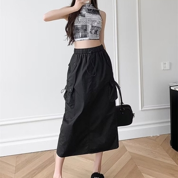 A-vonalú midi szoknya elasztikus derekú húzókötővel, poliészter, vasalásmentes, 2024 nyara