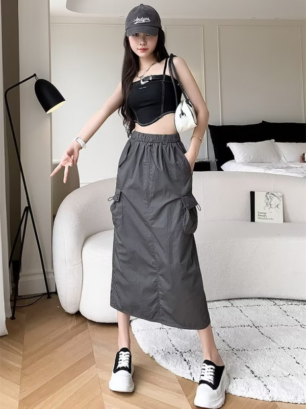 A-vonalú midi szoknya elasztikus derekú húzókötővel, poliészter, vasalásmentes, 2024 nyara