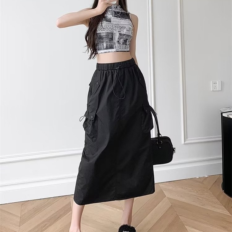 A-vonalú midi szoknya elasztikus derekú húzókötővel, poliészter, vasalásmentes, 2024 nyara