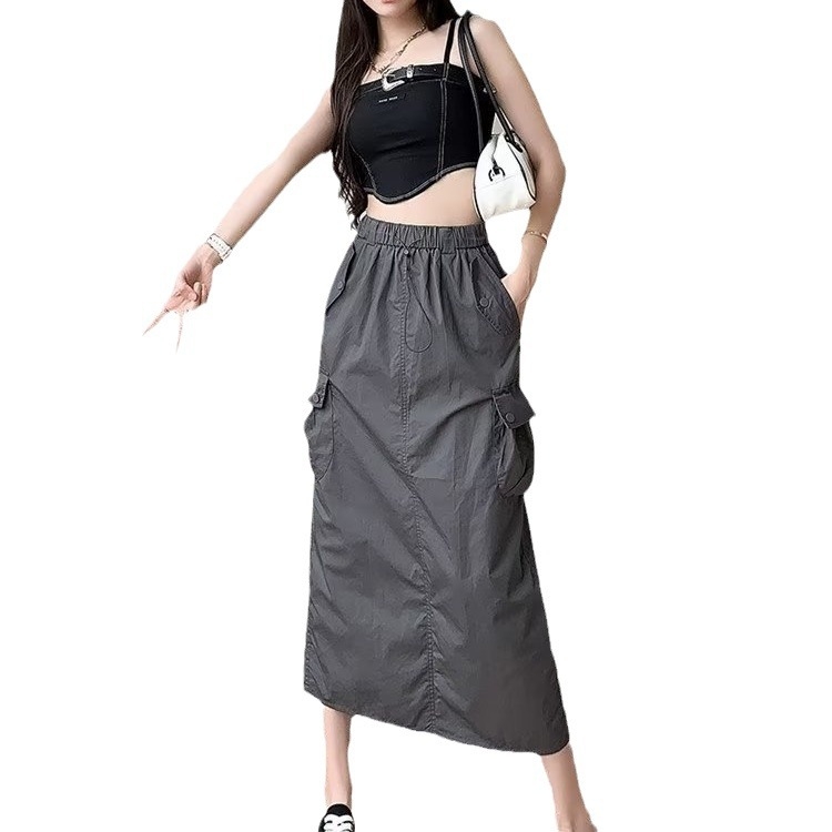 A-vonalú midi szoknya elasztikus derekú húzókötővel, poliészter, vasalásmentes, 2024 nyara