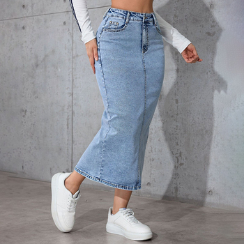 Средно дълга дънкова молив пола, висока талия, едноцветна, разрез, обработка против намачкване, памук-полиестерова смес