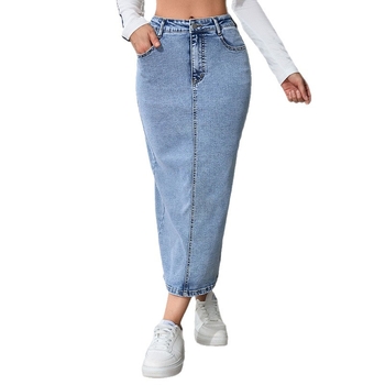 Средно дълга дънкова молив пола, висока талия, едноцветна, разрез, обработка против намачкване, памук-полиестерова смес