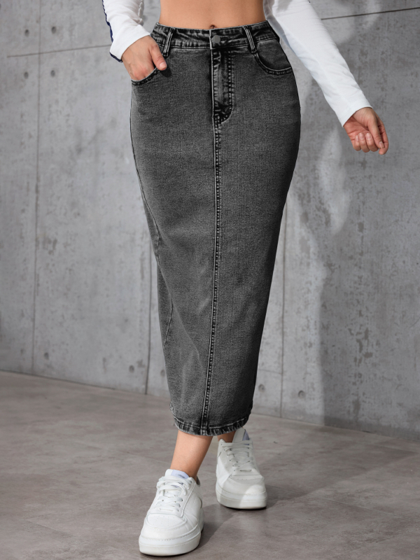 Средно дълга дънкова молив пола, висока талия, едноцветна, разрез, обработка против намачкване, памук-полиестерова смес