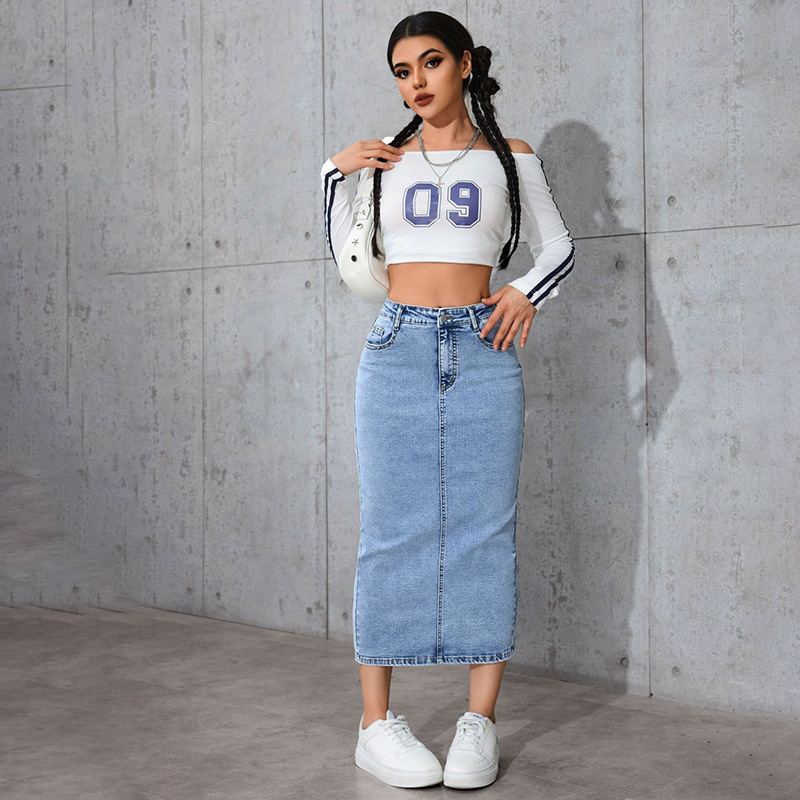 Средно дълга дънкова молив пола, висока талия, едноцветна, разрез, обработка против намачкване, памук-полиестерова смес