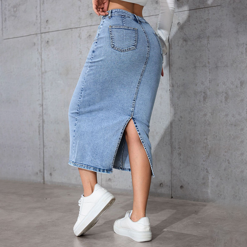 Средно дълга дънкова молив пола, висока талия, едноцветна, разрез, обработка против намачкване, памук-полиестерова смес